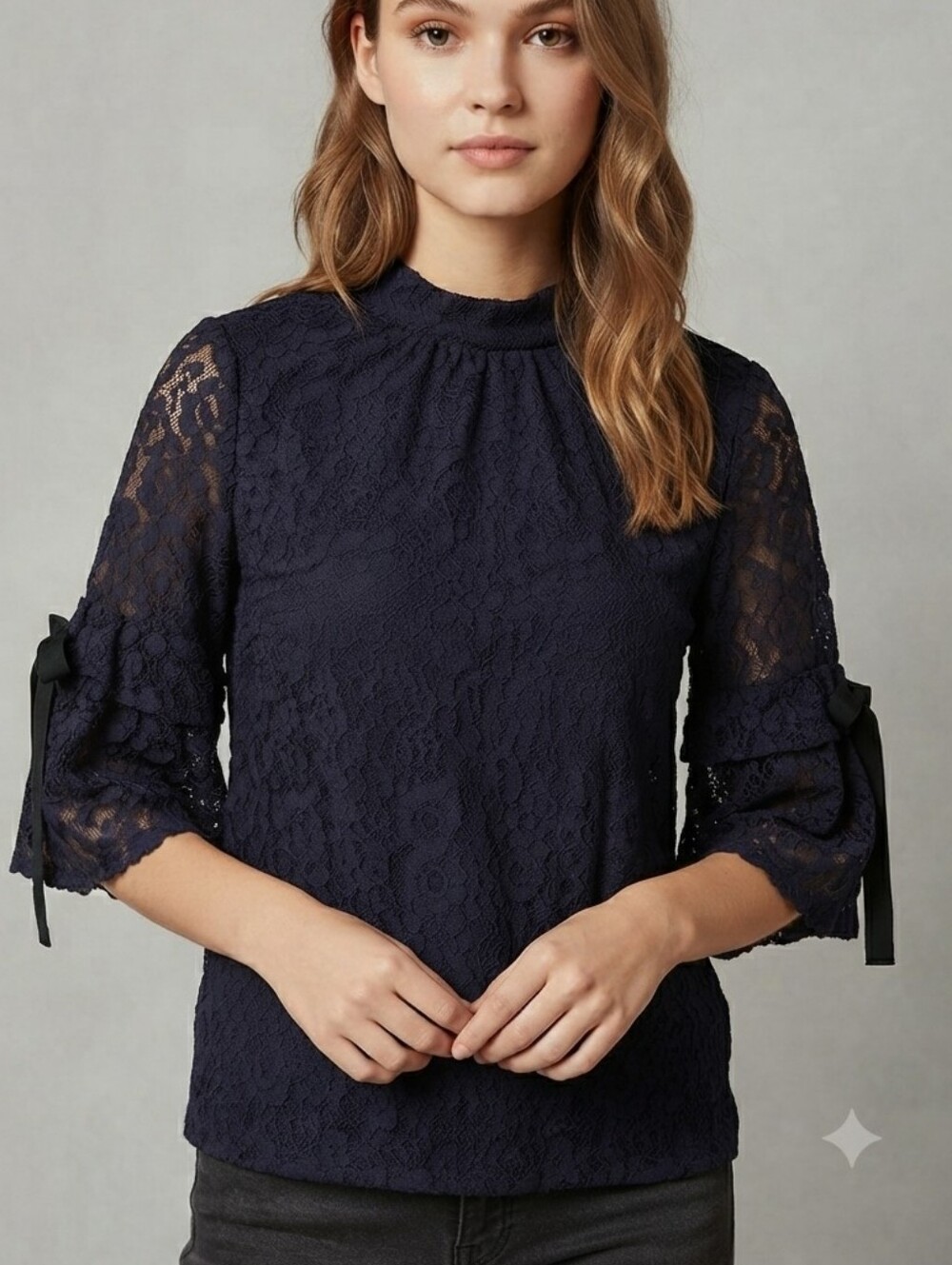 NEVER WORN Ann Taylor LOFT Deep Plum Lace Mock-Neck Top Tie Sleeves Blouse Sz L